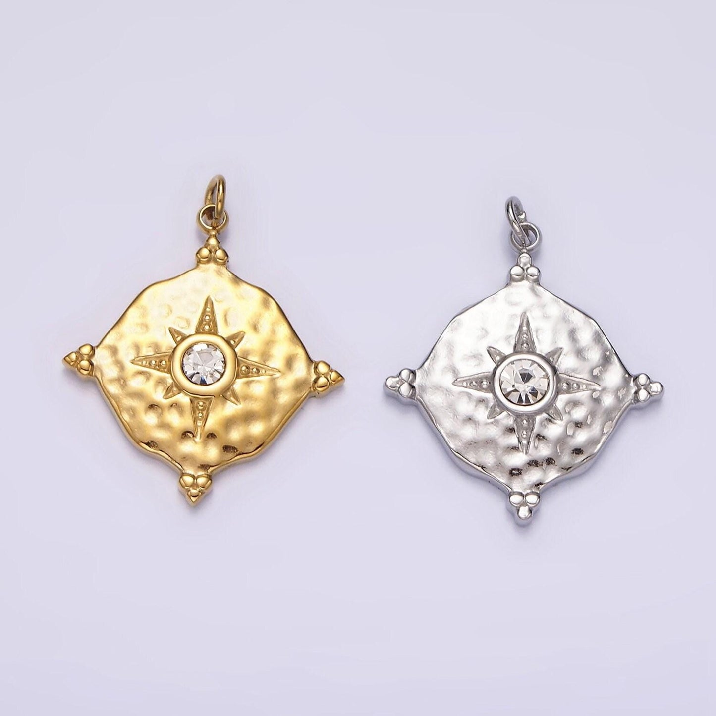 Stainless steel clear cz celestial north star hammered round point charm in gold & silver | p1295