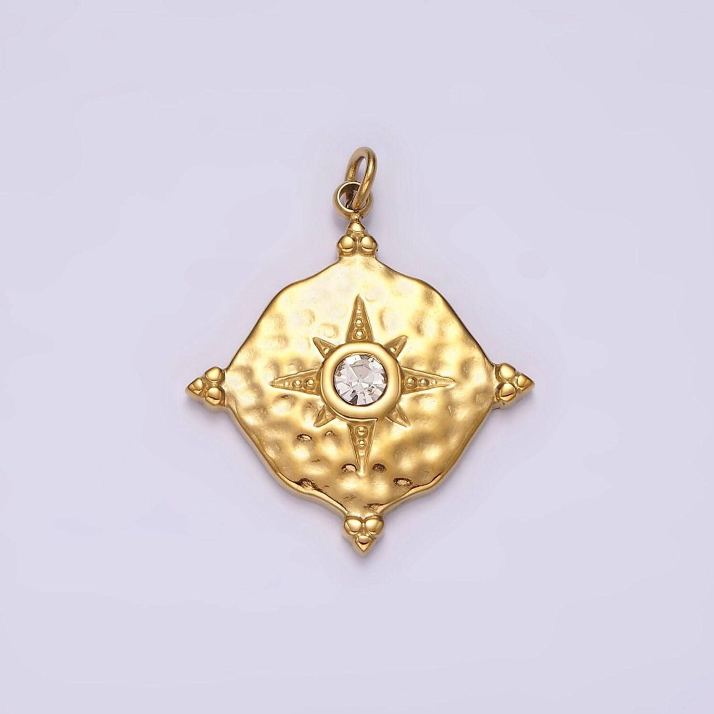 Stainless steel clear cz celestial north star hammered round point charm in gold & silver | p1295