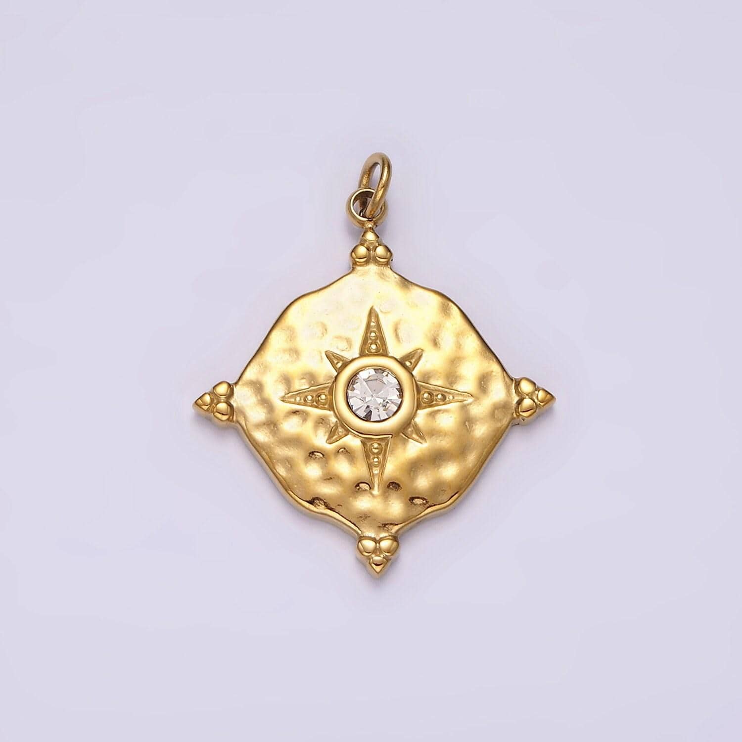 Stainless steel clear cz celestial north star hammered round point charm in gold & silver | p1295