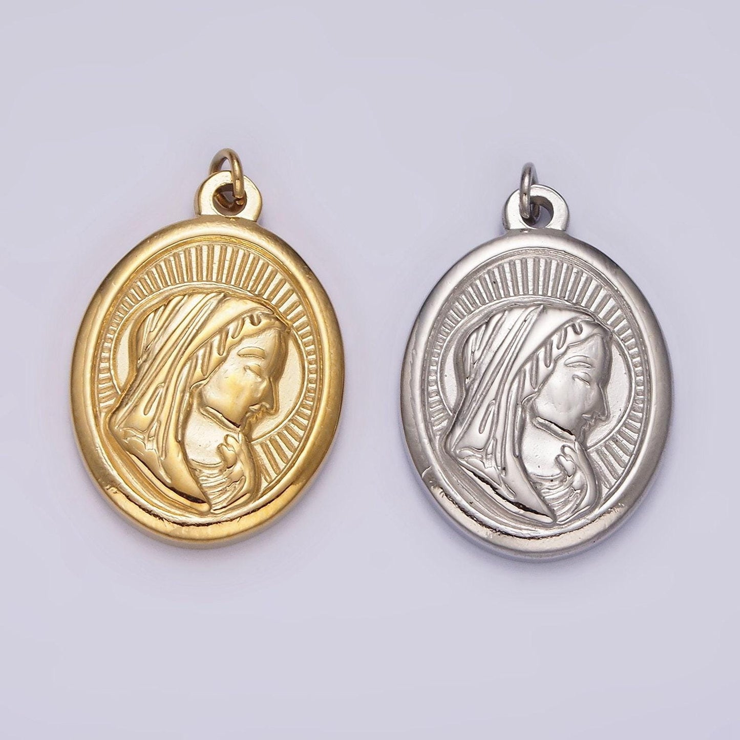 Stainless steel mother mary lady guadalupe portrait sun ray oval charm in gold & silver | p1291