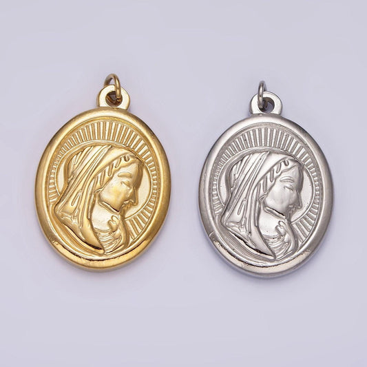 Stainless steel mother mary lady guadalupe portrait sun ray oval charm in gold & silver | p1291