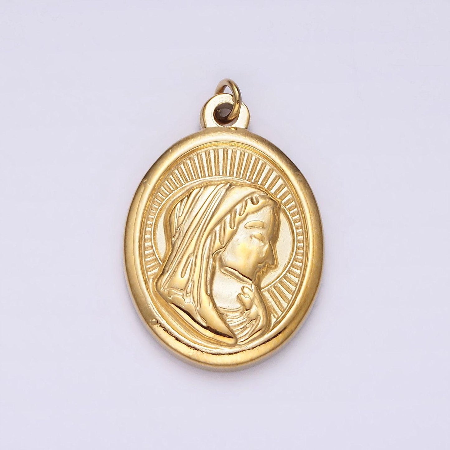 Stainless steel mother mary lady guadalupe portrait sun ray oval charm in gold & silver | p1291