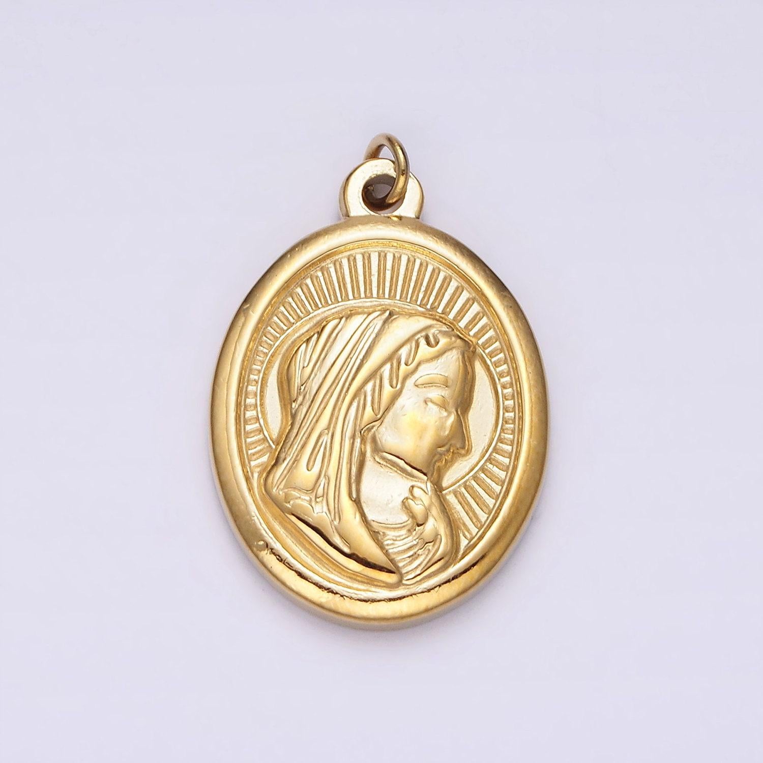 Stainless steel mother mary lady guadalupe portrait sun ray oval charm in gold & silver | p1291