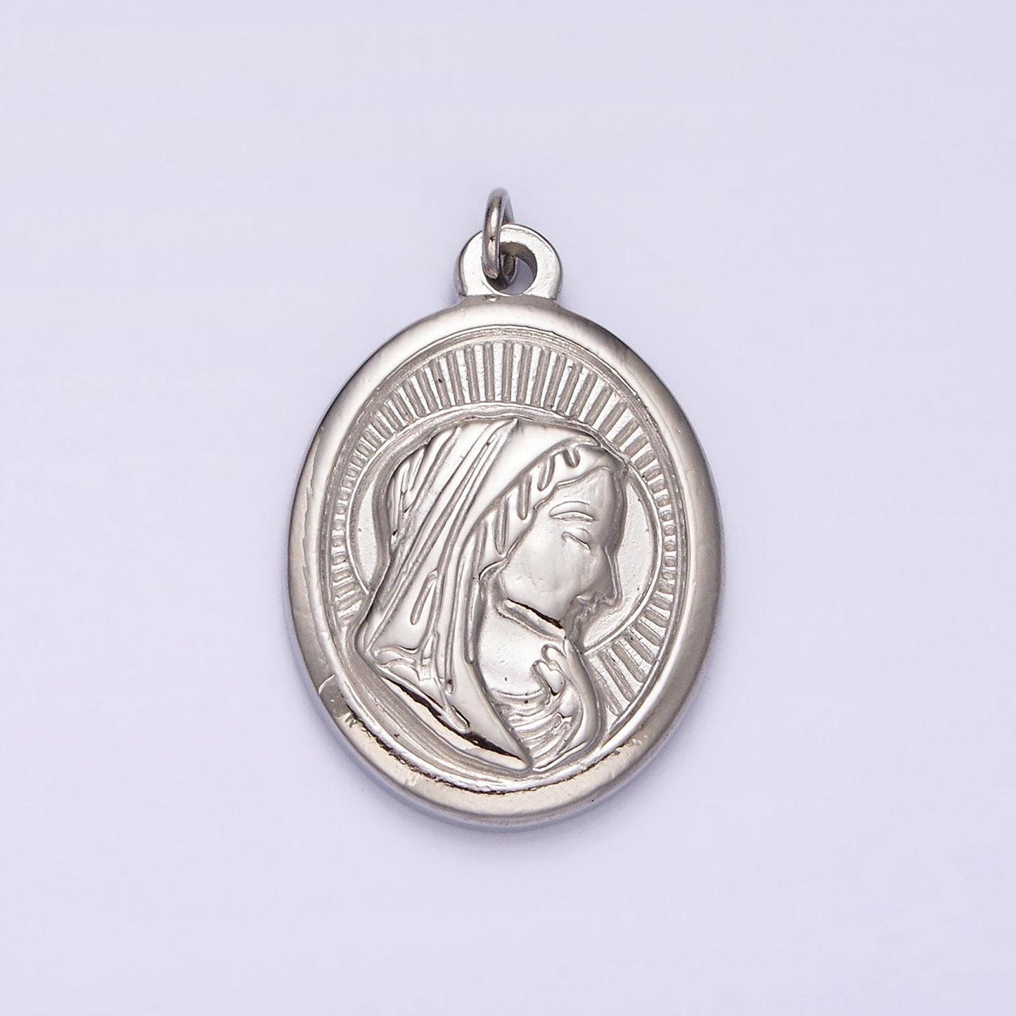 Stainless steel mother mary lady guadalupe portrait sun ray oval charm in gold & silver | p1291