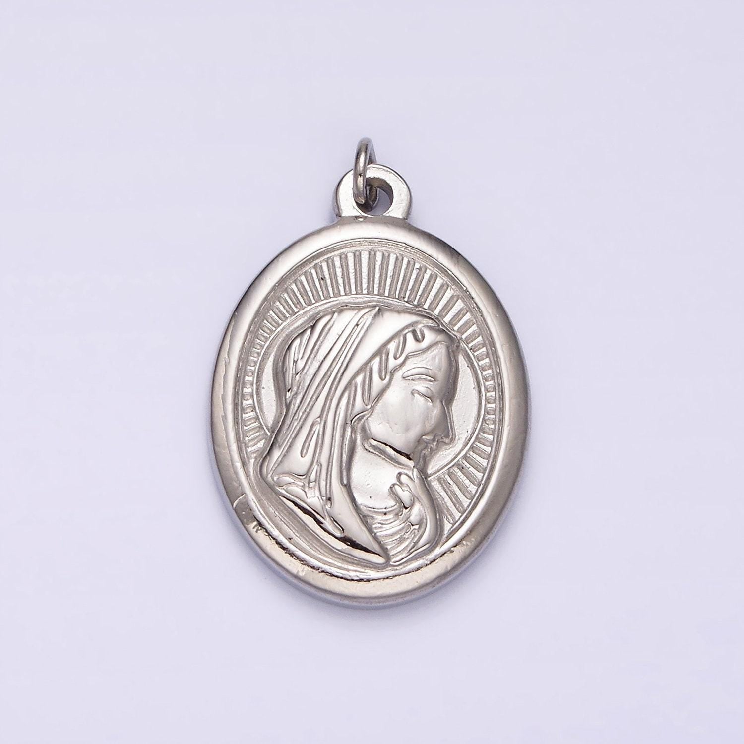 Stainless steel mother mary lady guadalupe portrait sun ray oval charm in gold & silver | p1291
