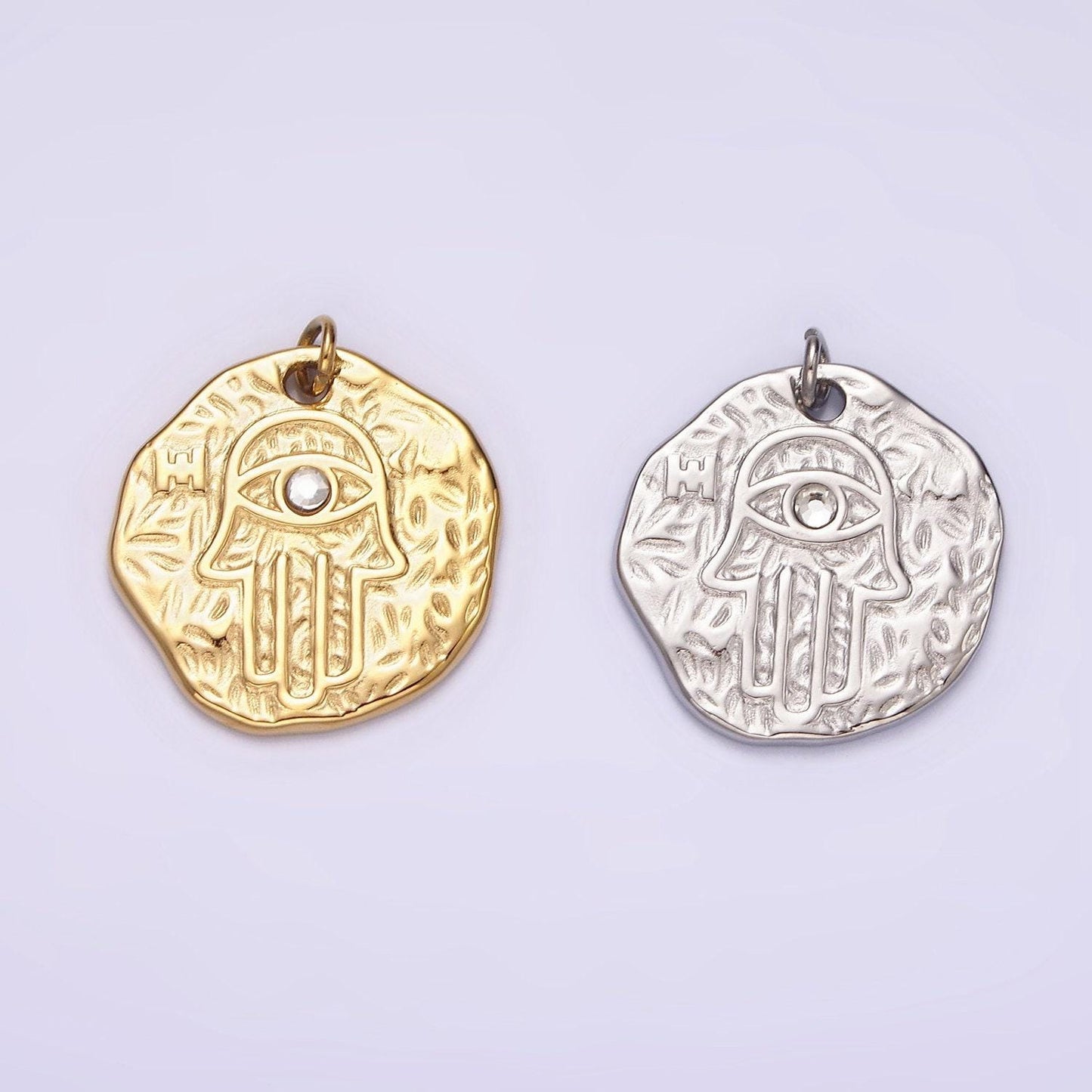 Stainless steel clear cz evil eye hamsa hand dented abstract round charm in gold & silver | p1288