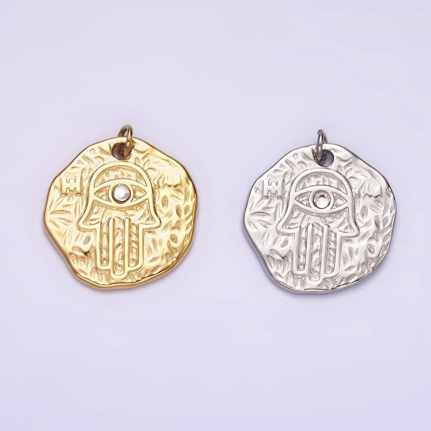 Stainless steel clear cz evil eye hamsa hand dented abstract round charm in gold & silver | p1288