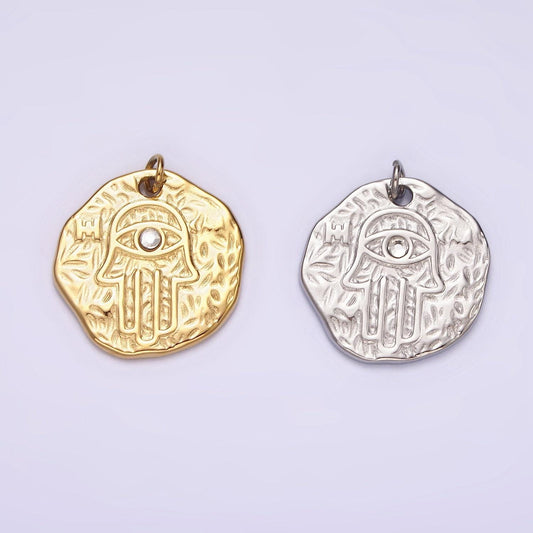 Stainless steel clear cz evil eye hamsa hand dented abstract round charm in gold & silver | p1288