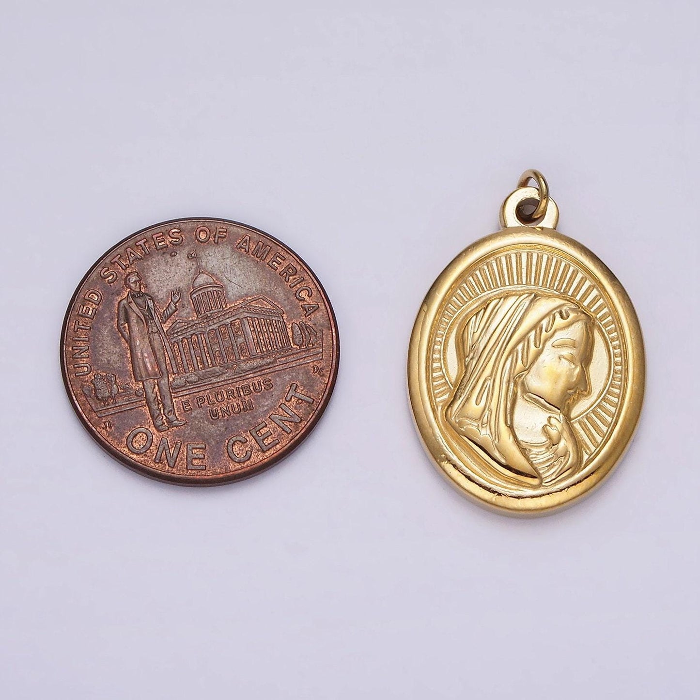 Stainless steel mother mary lady guadalupe portrait sun ray oval charm in gold & silver | p1291