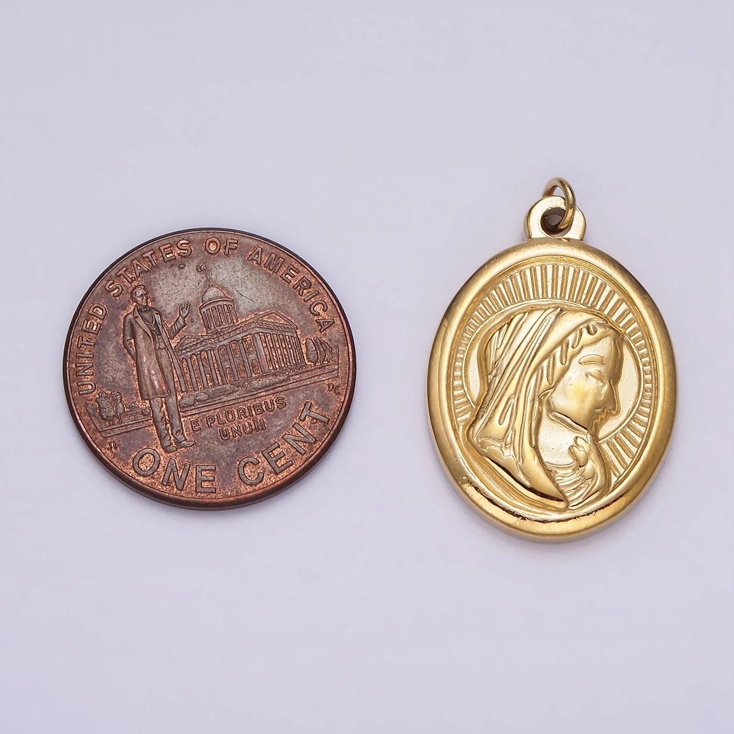 Stainless steel mother mary lady guadalupe portrait sun ray oval charm in gold & silver | p1291