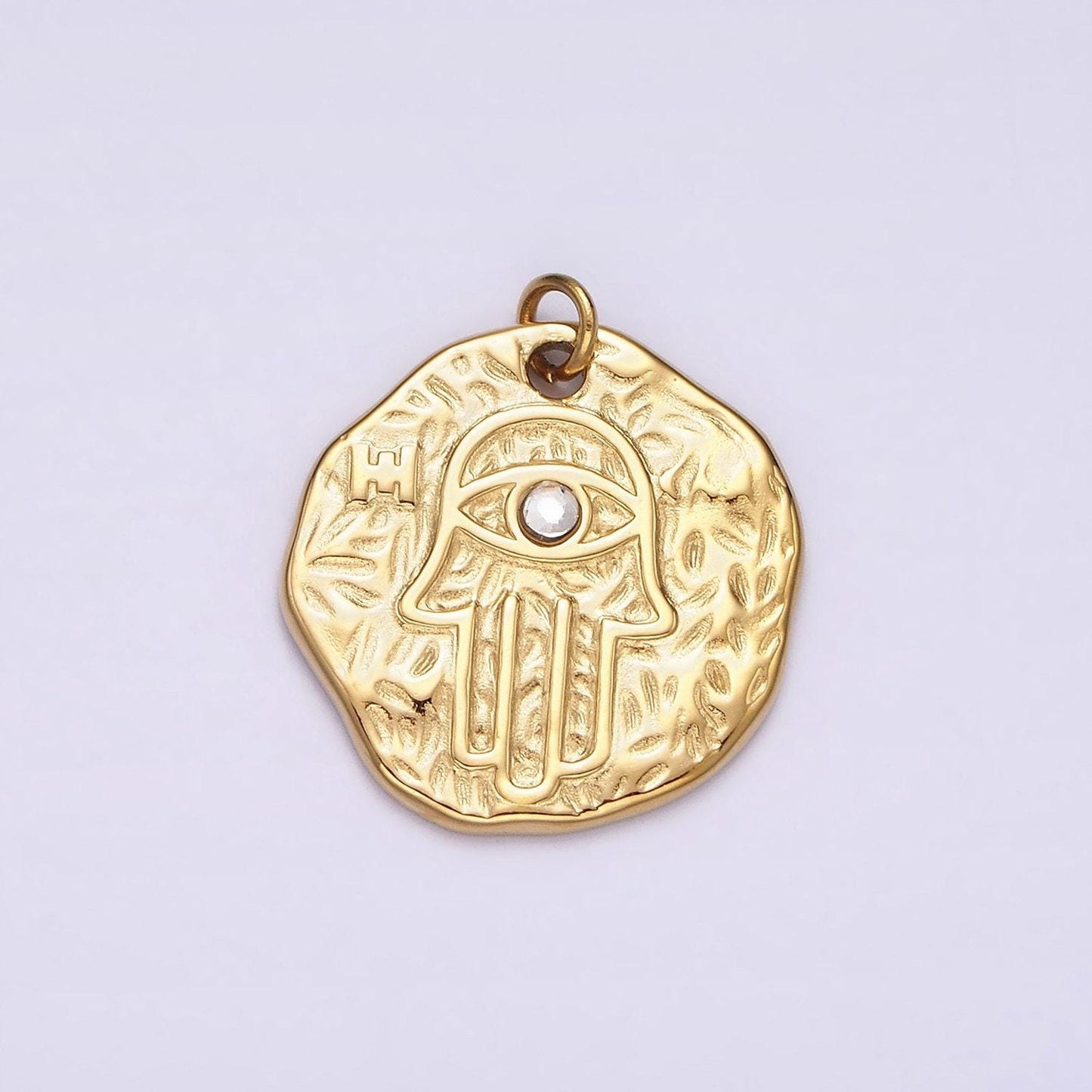 Stainless steel clear cz evil eye hamsa hand dented abstract round charm in gold & silver | p1288