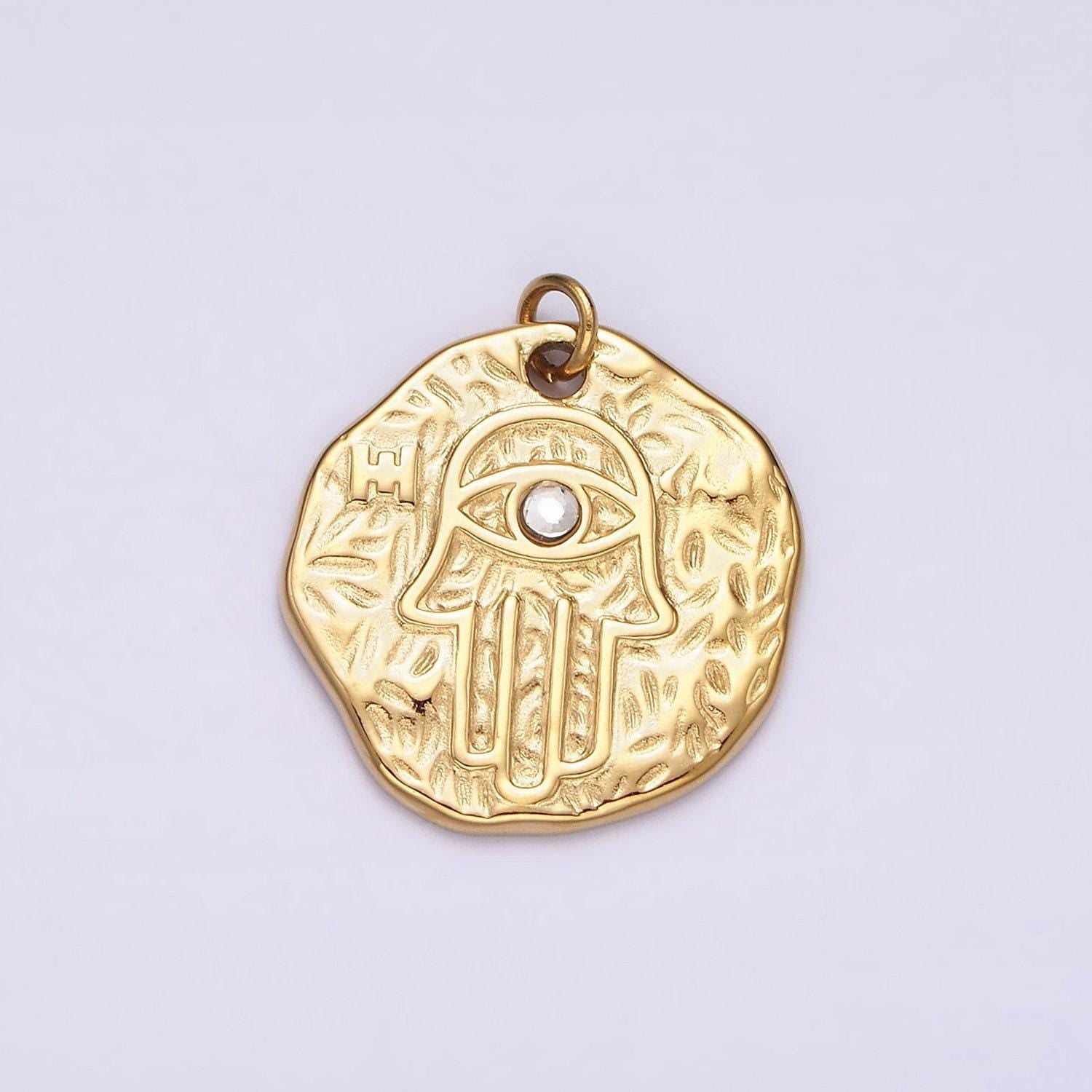 Stainless steel clear cz evil eye hamsa hand dented abstract round charm in gold & silver | p1288