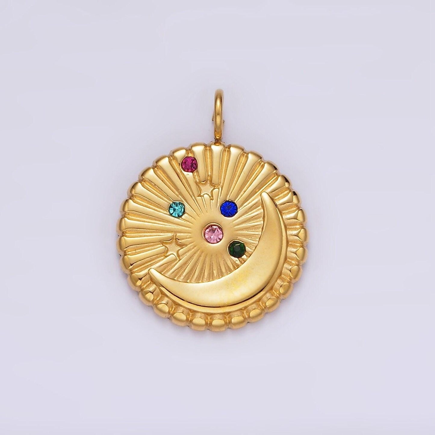 Stainless steel multicolor cz celestial crescent moon star sunburst round charm in gold & silver | p1280