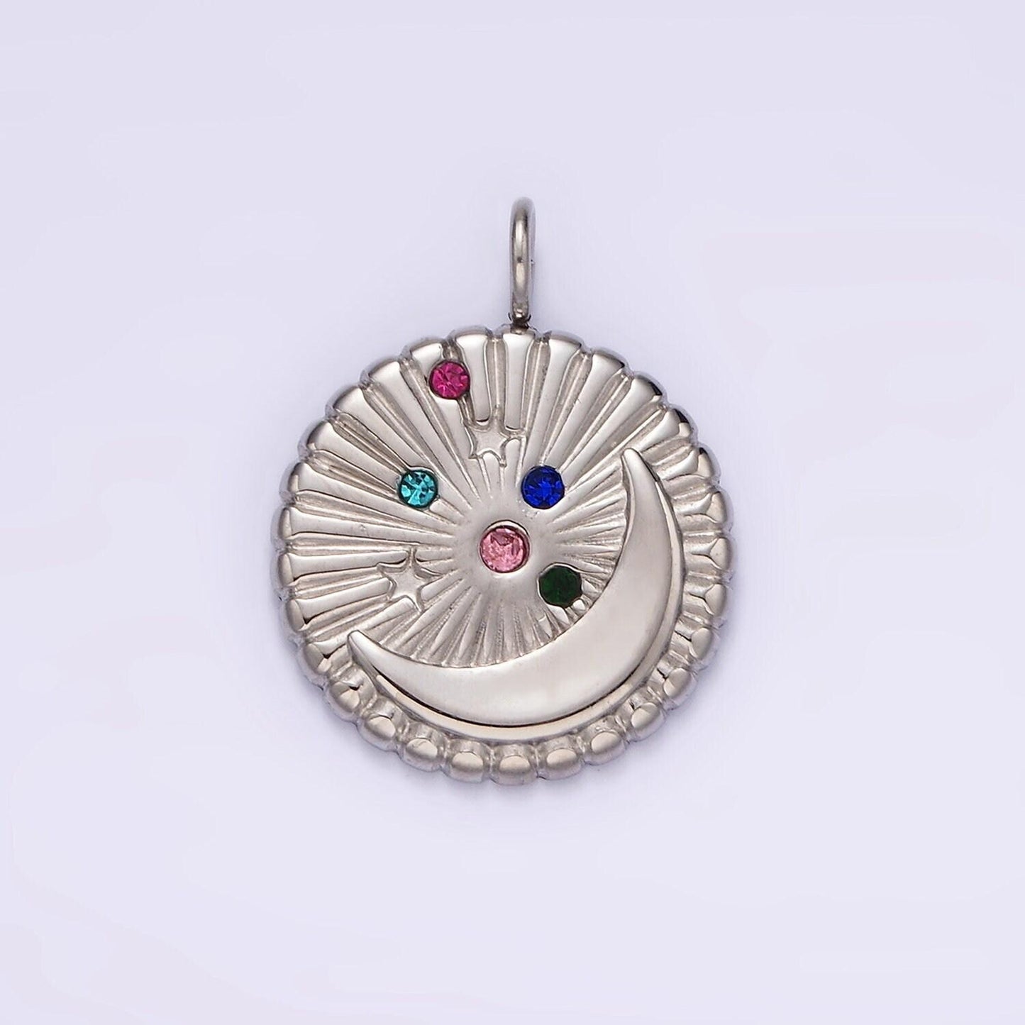 Stainless steel multicolor cz celestial crescent moon star sunburst round charm in gold & silver | p1280