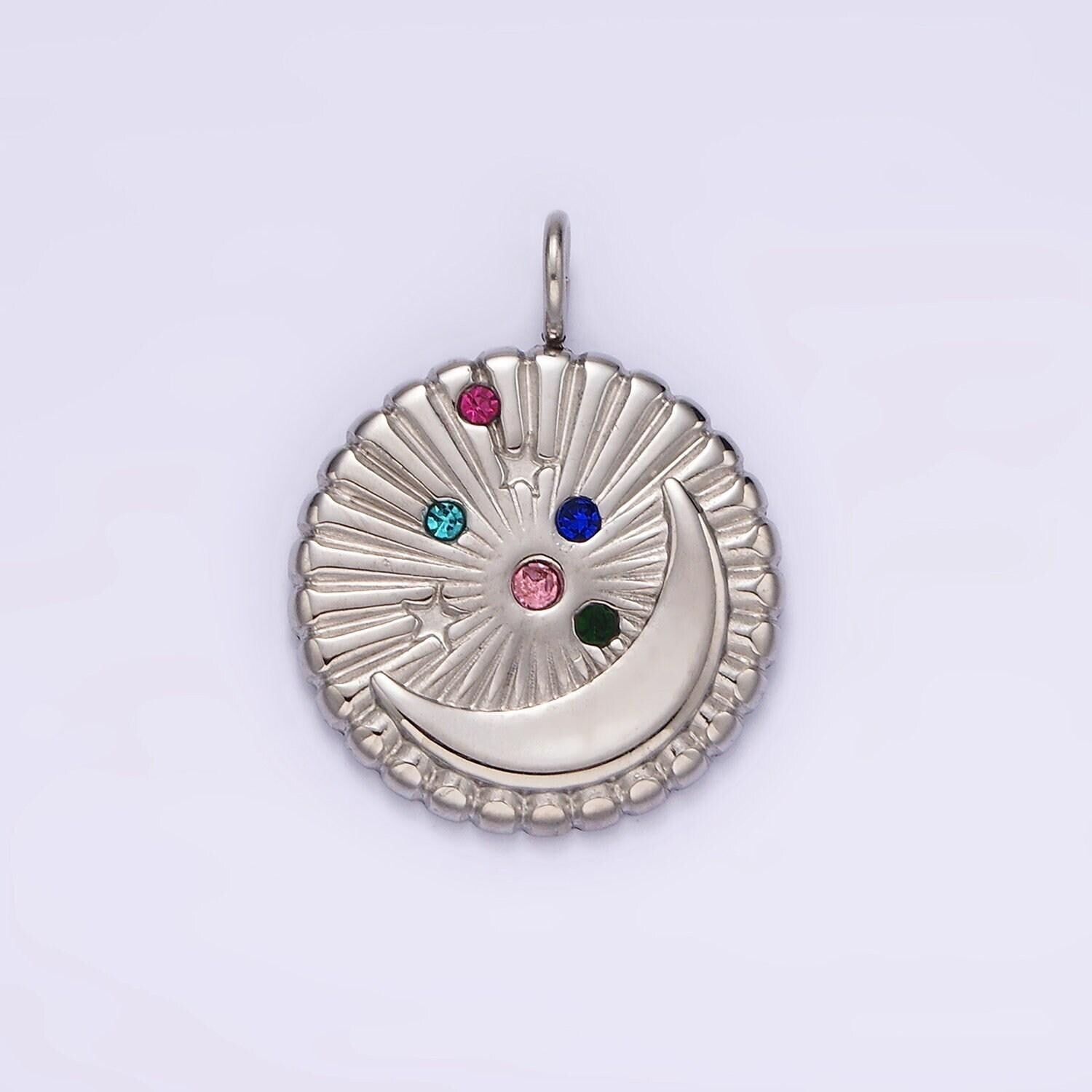 Stainless steel multicolor cz celestial crescent moon star sunburst round charm in gold & silver | p1280