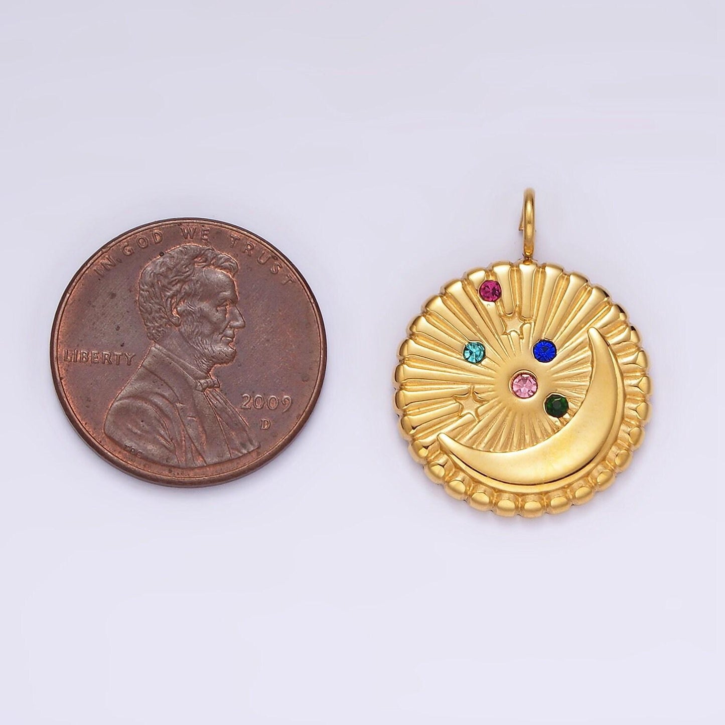 Stainless steel multicolor cz celestial crescent moon star sunburst round charm in gold & silver | p1280