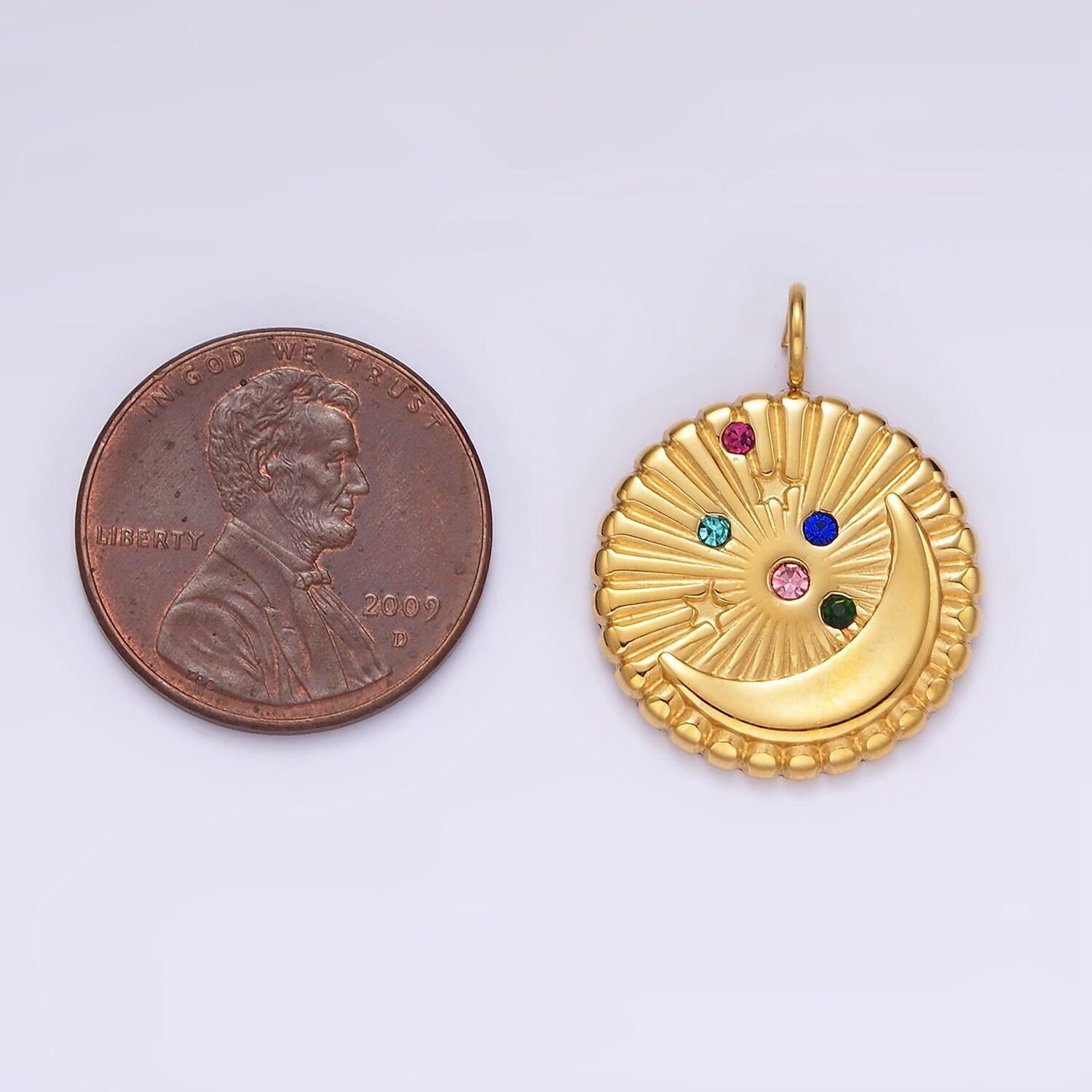 Stainless steel multicolor cz celestial crescent moon star sunburst round charm in gold & silver | p1280