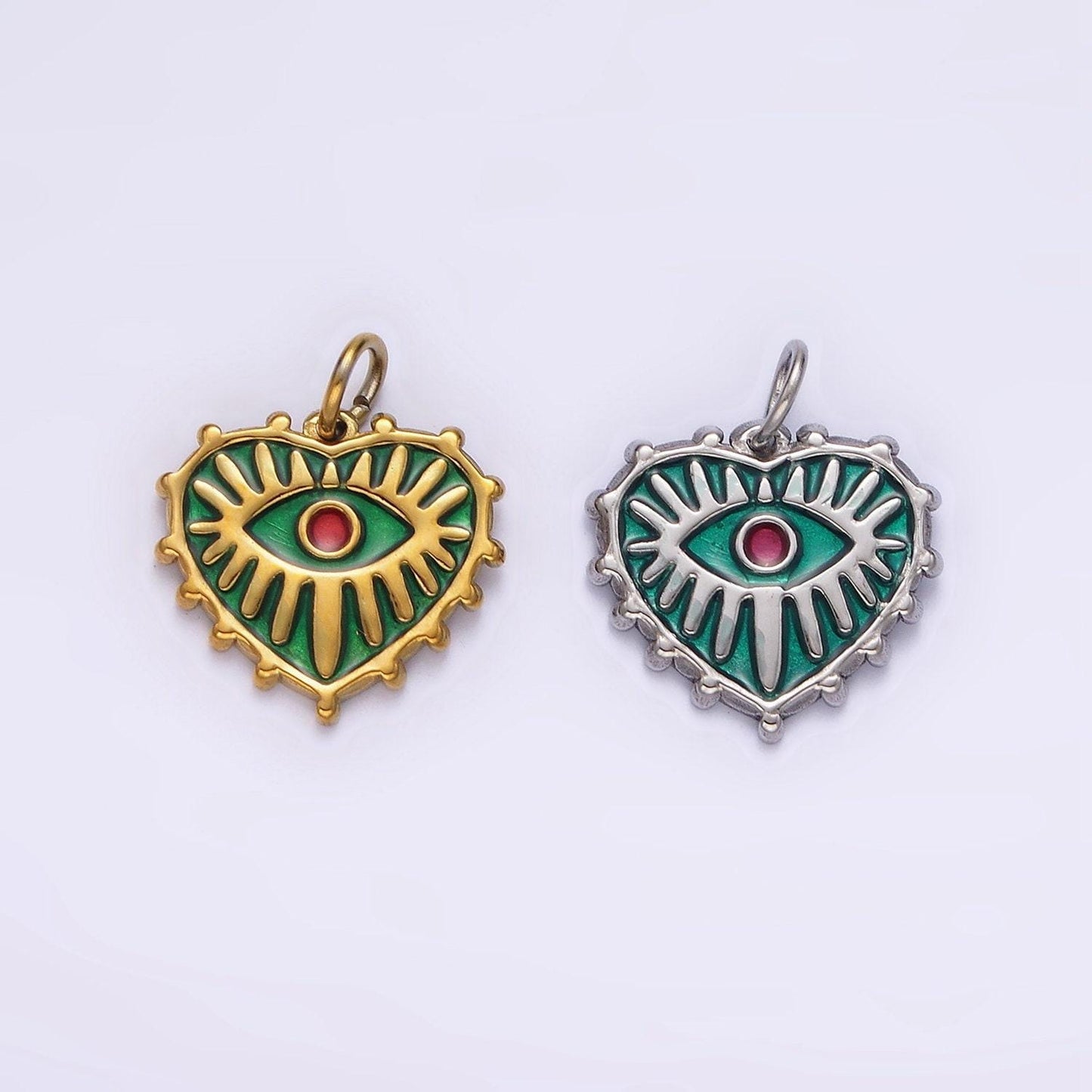 Stainless steel red evil eye splatter heart dotted outline charm in gold & silver | p1277