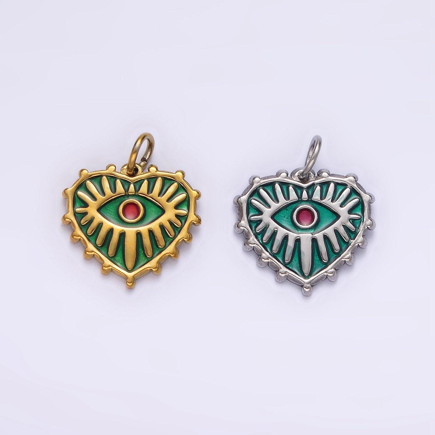 Stainless steel red evil eye splatter heart dotted outline charm in gold & silver | p1277