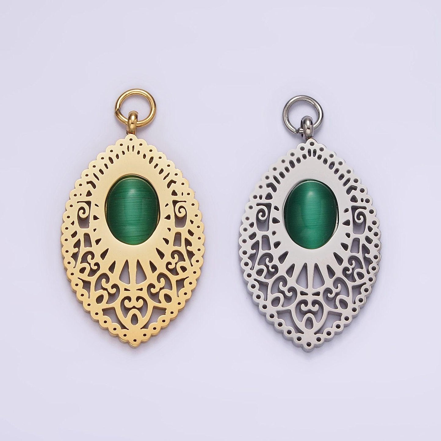 Stainless steel green cat's eye artisan oval sphere charm in gold & silver | p1271