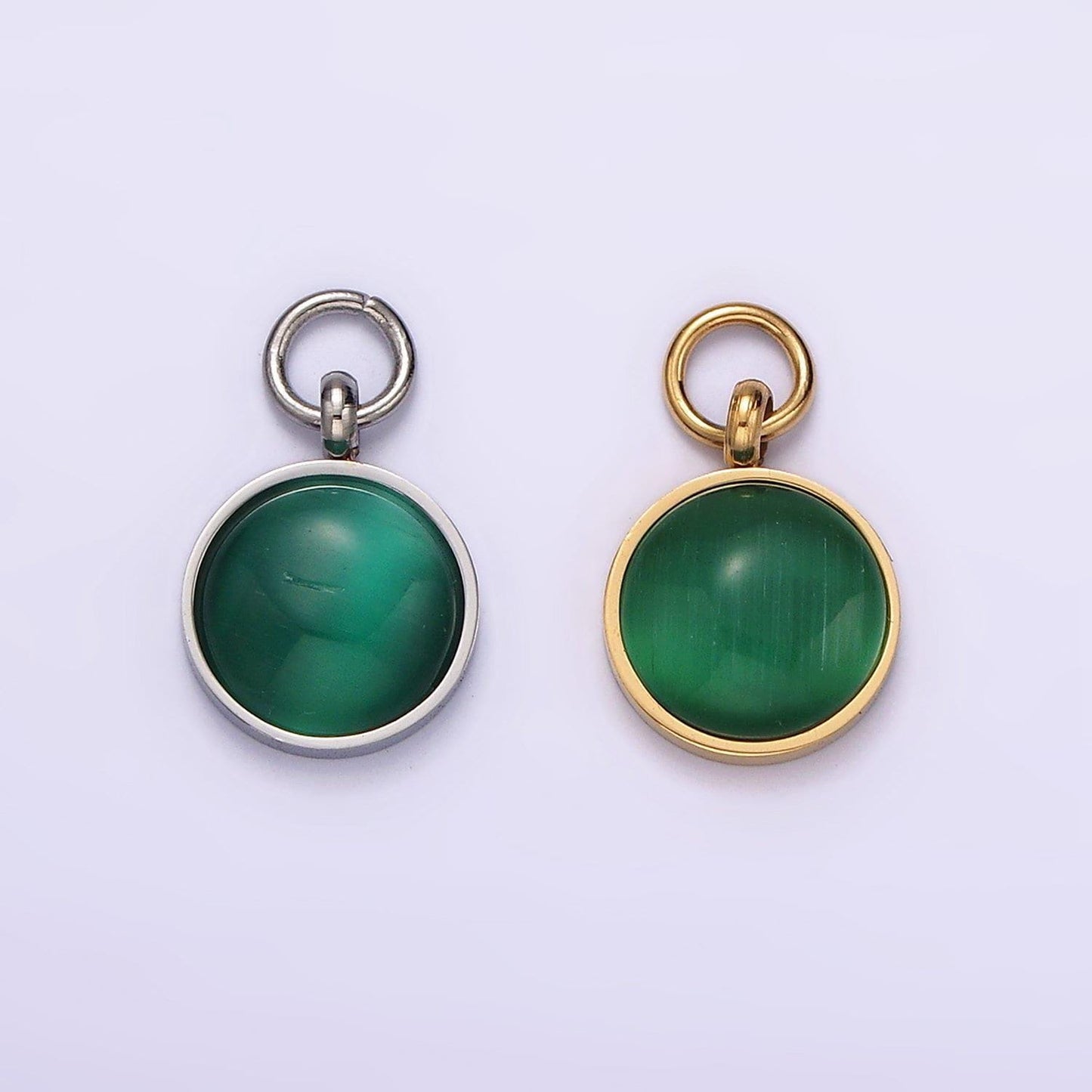 Stainless steel green malachite round gemstone charm in gold & silver | p1265