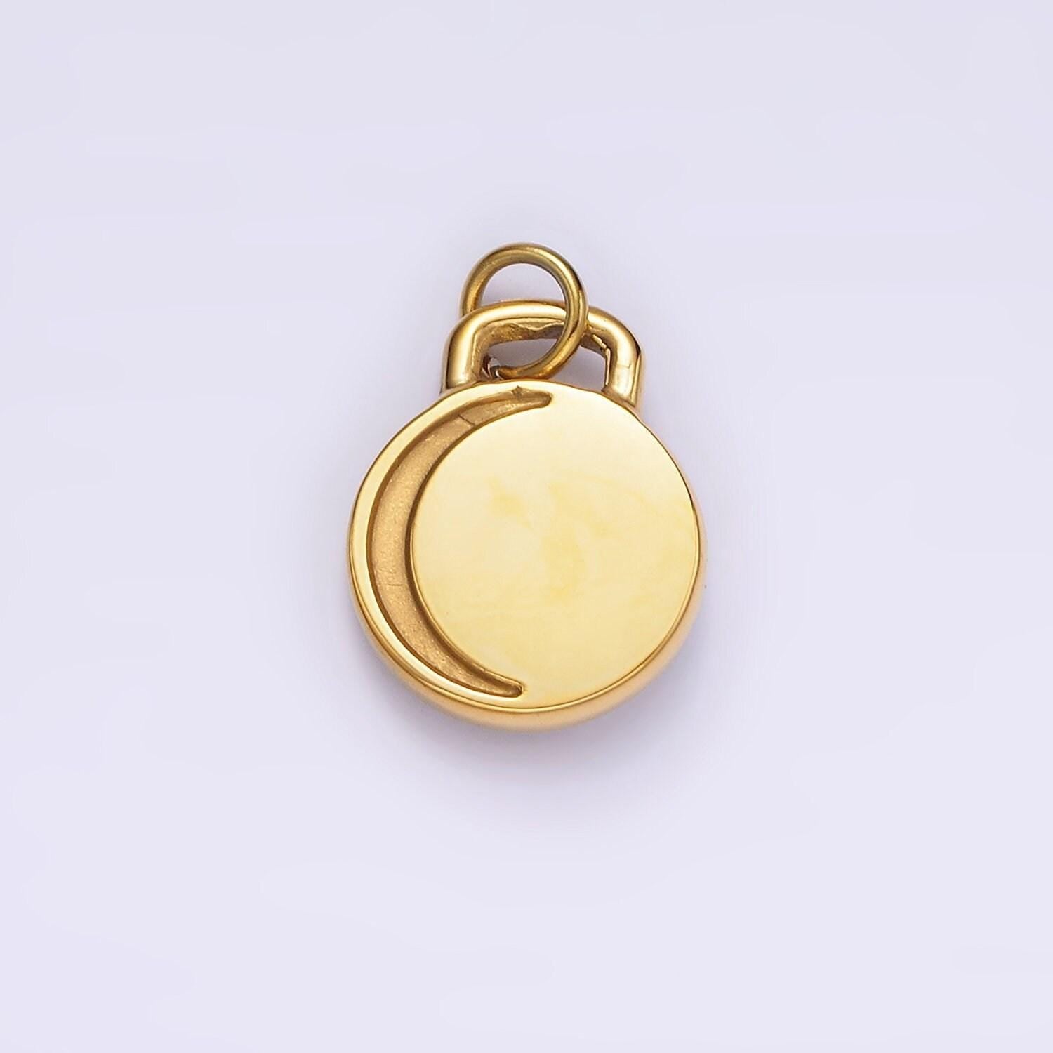 Stainless steel celestial crescent moon star cz white enamel round charm in gold & silver | p1260