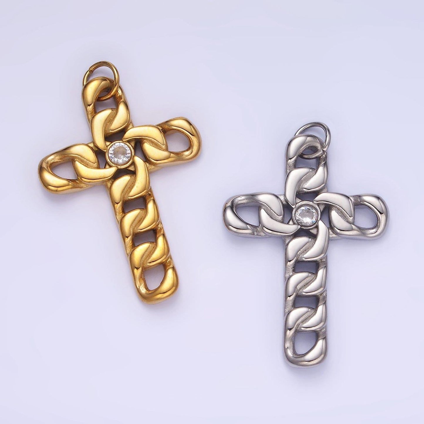 Stainless steel chain textured cz cuban cross, cholo fit | p-965