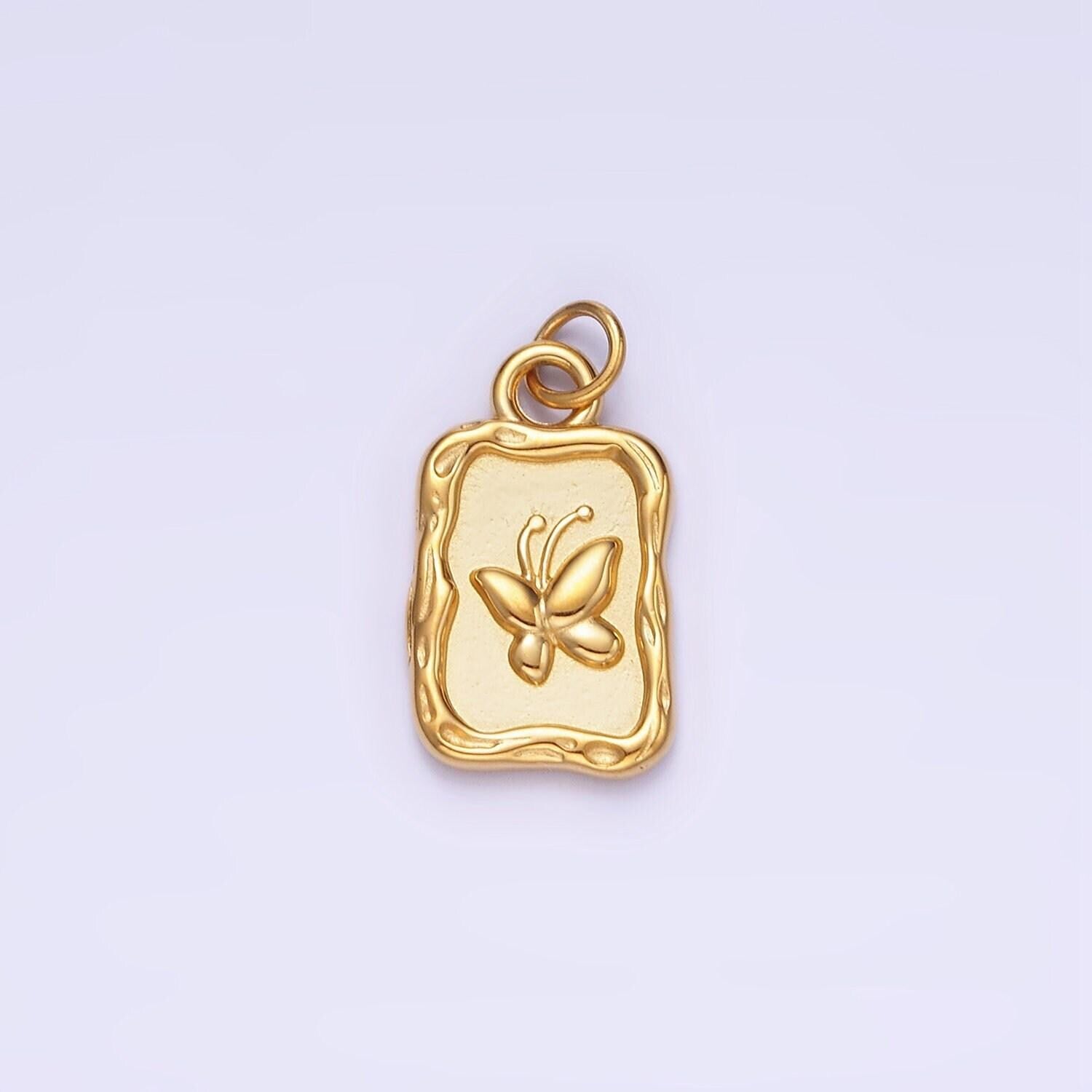 Stainless steel butterfly "beauty" script rectangular stamped charm | p964