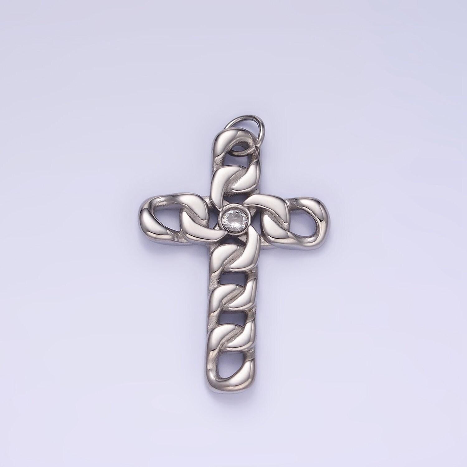 Stainless steel chain textured cz cuban cross, cholo fit | p-965