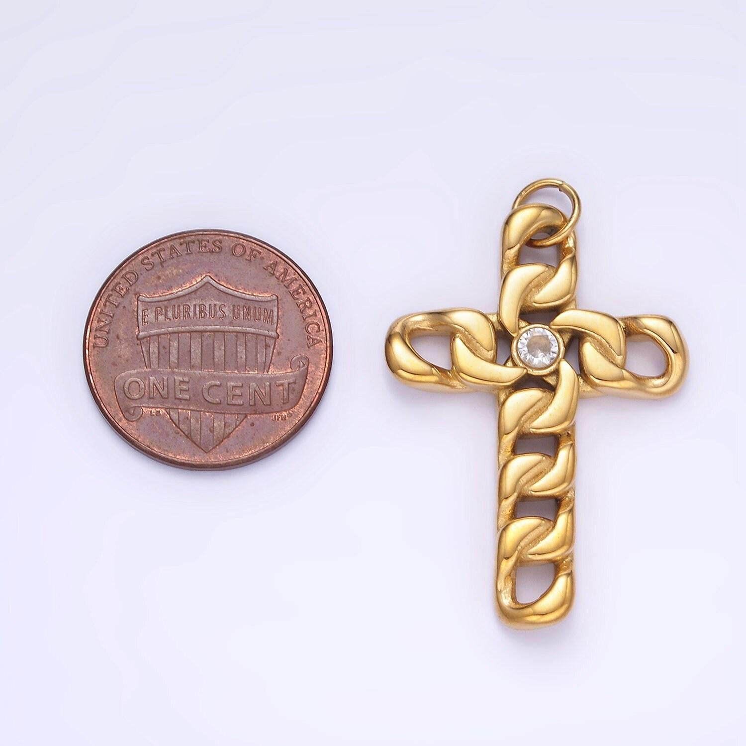 Stainless steel chain textured cz cuban cross, cholo fit | p-965