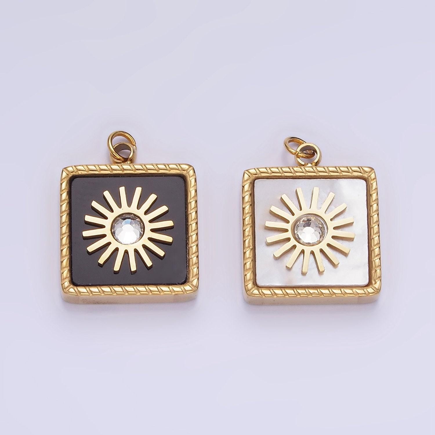 Stainless steel shell pearl cz celestial sun square charm mini gold tag charm for bracelet necklace earring component jewelry making | p947
