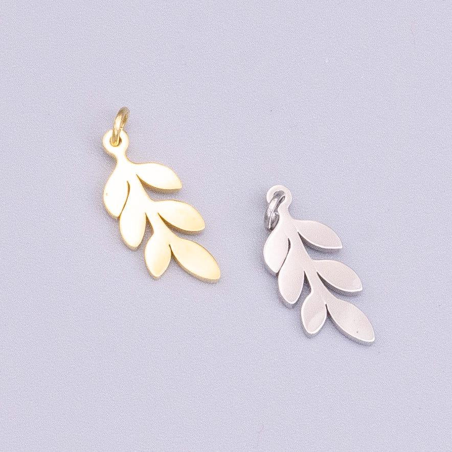 Stainless steel 13mm olive foliage leaf nature charm in gold & silver | p-916