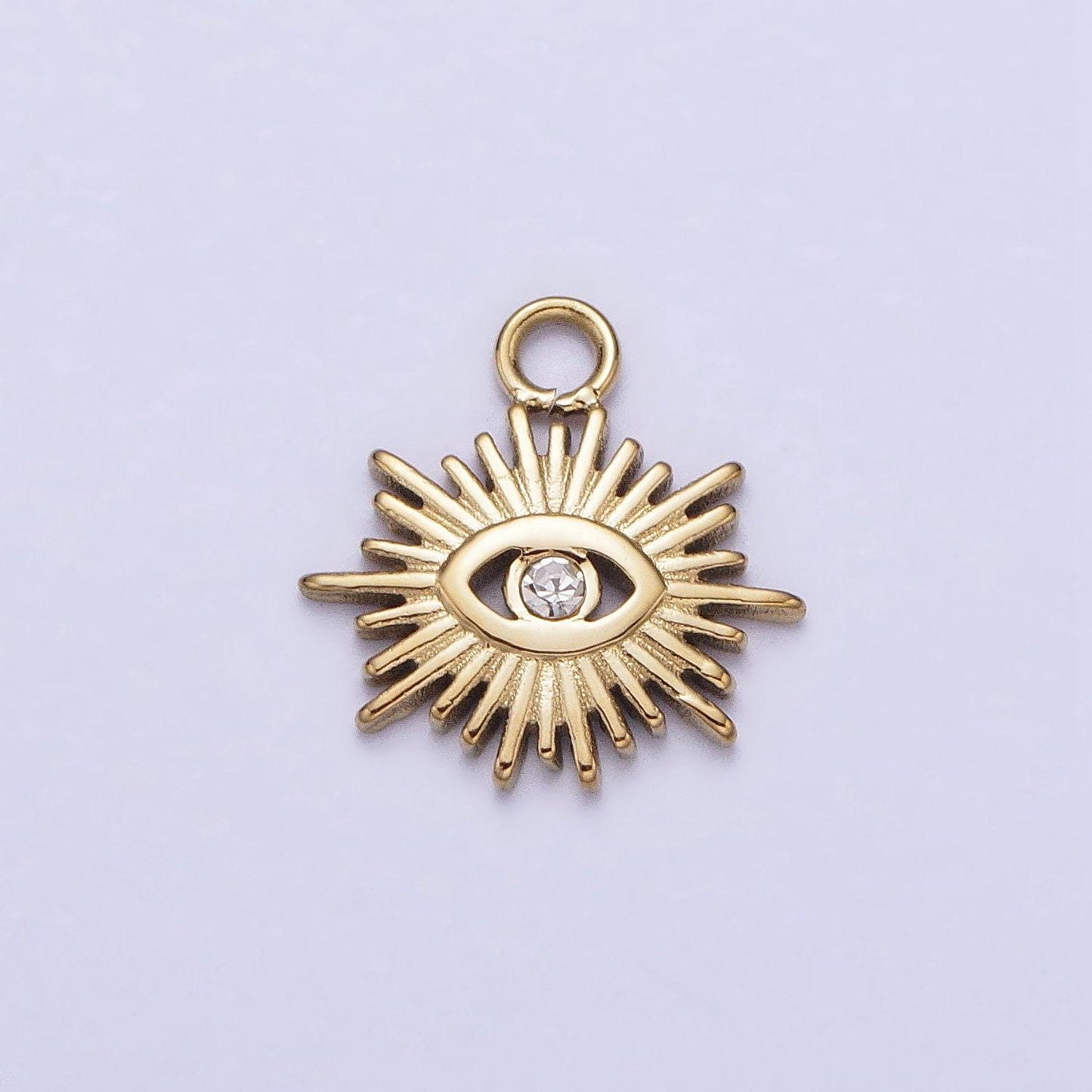 Gold sun charm, gold evil eye pendant, sun ray charm, sunburst charm, stainless steel evil eye sun pendant, sunshine charm, bohemian jewelry