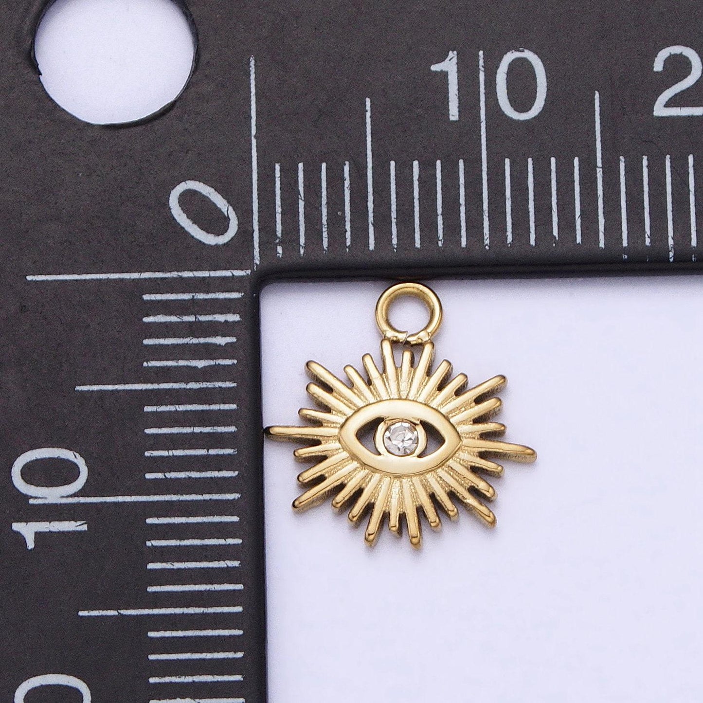 Gold sun charm, gold evil eye pendant, sun ray charm, sunburst charm, stainless steel evil eye sun pendant, sunshine charm, bohemian jewelry