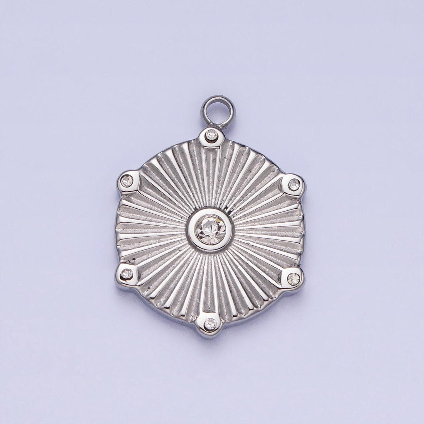 Dainty cz stainless steel sunburst charm in gold & silver medallion sun circle pendant lead nickel free tarnish free | p-886