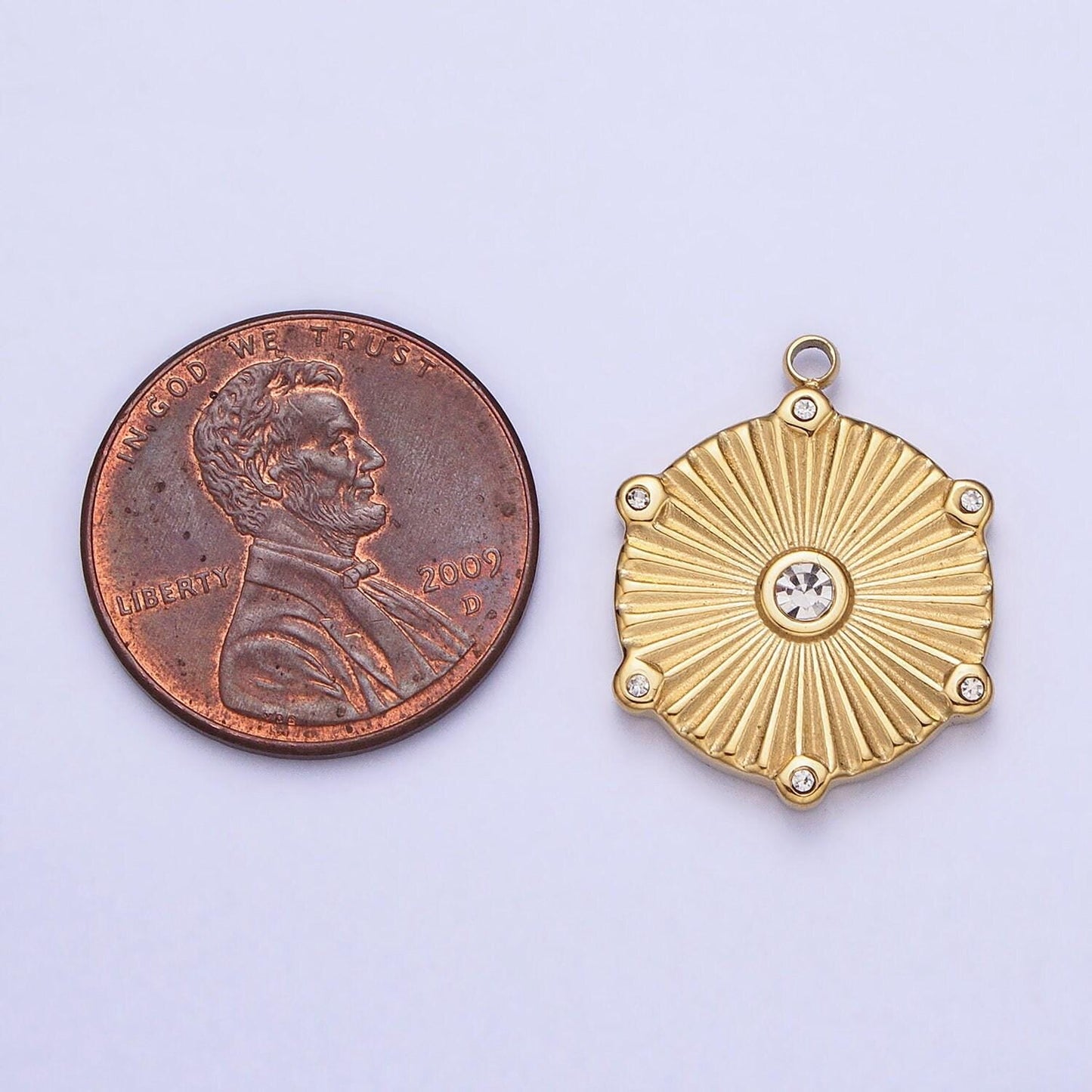 Dainty cz stainless steel sunburst charm in gold & silver medallion sun circle pendant lead nickel free tarnish free | p-886