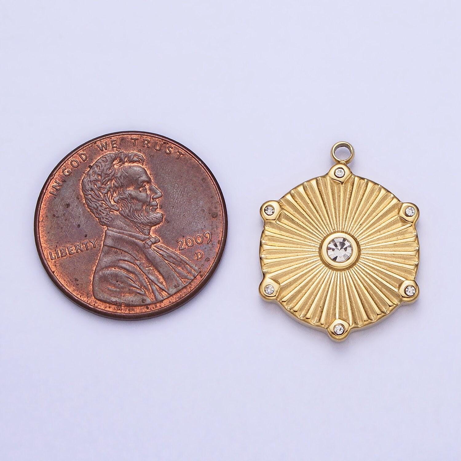 Dainty cz stainless steel sunburst charm in gold & silver medallion sun circle pendant lead nickel free tarnish free | p-886