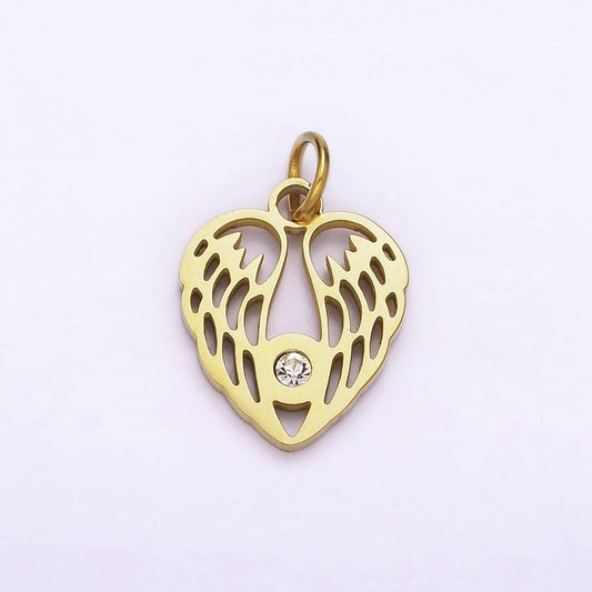 Dainty gold angel wing charm in stainless steel heart pendant p-705