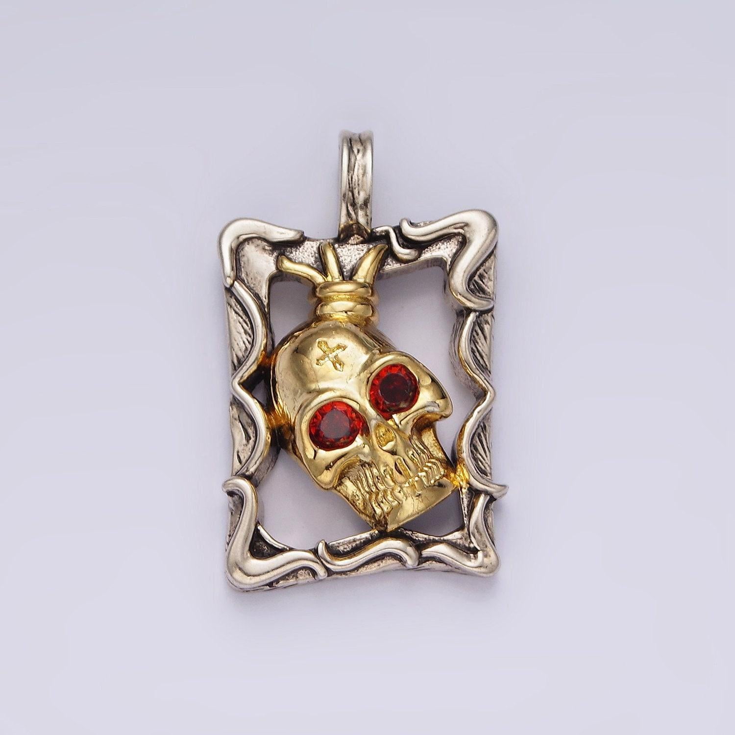 Stainless steel red cz skull skeleton open abstract frame mixed metal pendant two tone halloween jewelry inspired | p-861