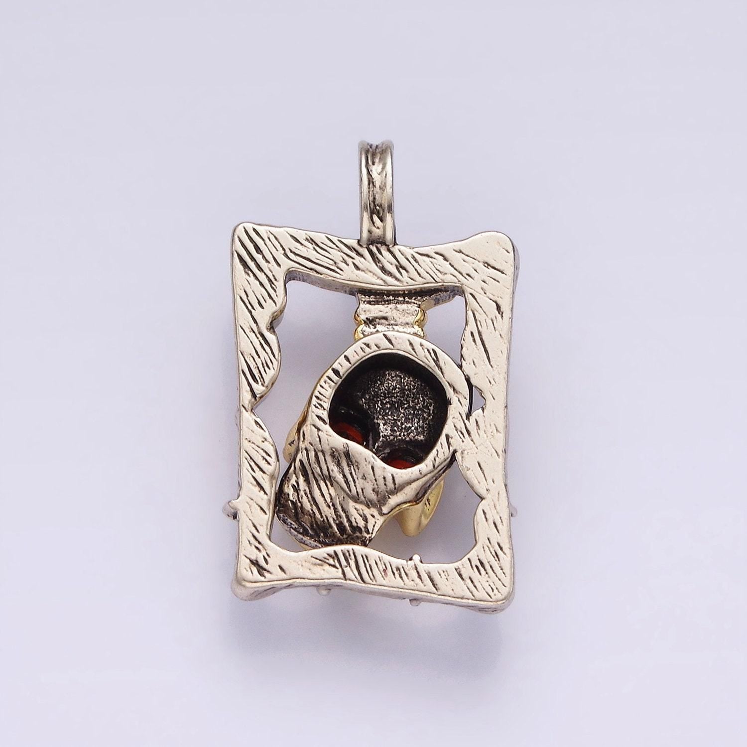 Stainless steel red cz skull skeleton open abstract frame mixed metal pendant two tone halloween jewelry inspired | p-861
