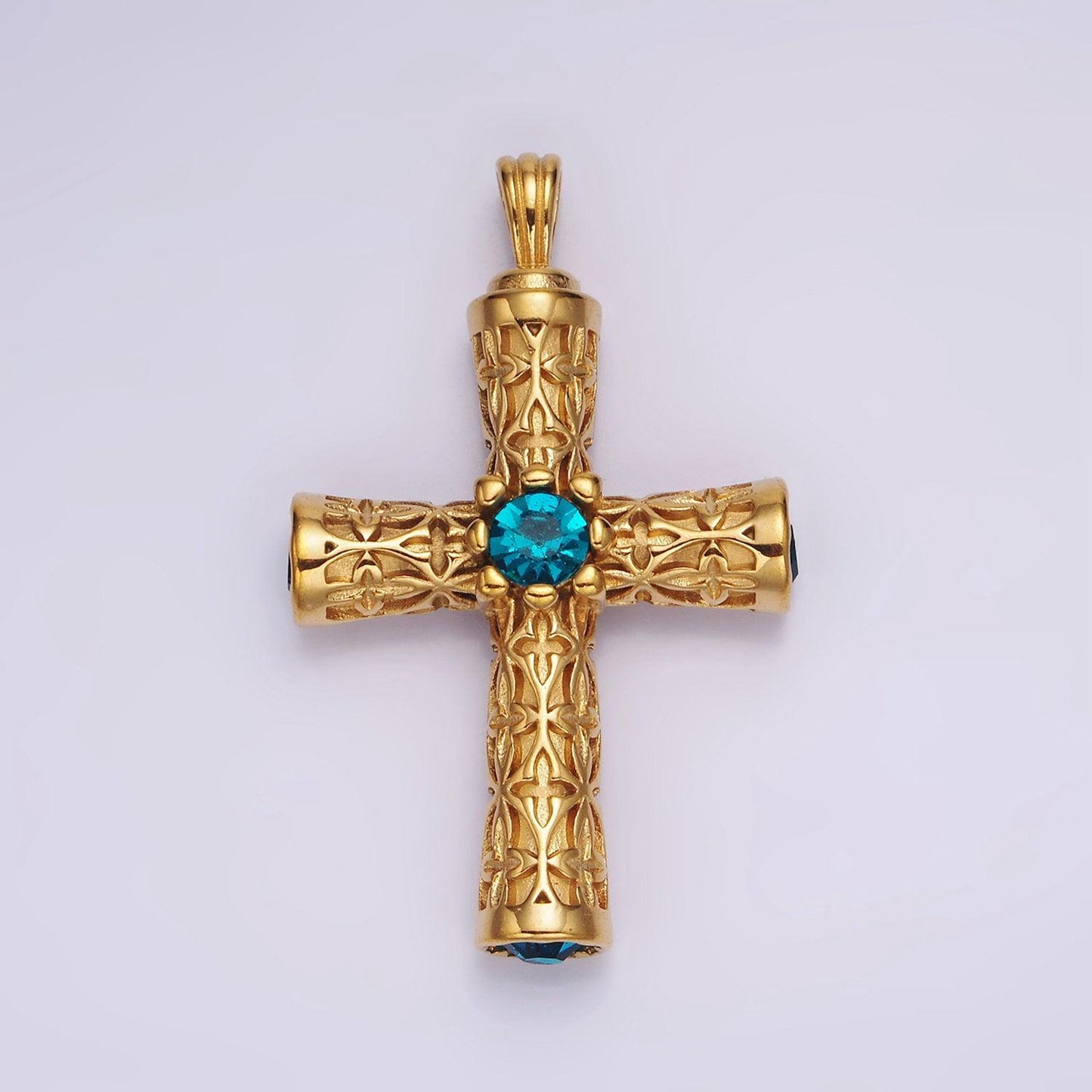 Stainless steel 50.5mm four blue cz artisan passion celtic engraved religious cross pendant in gold & silver | p853
