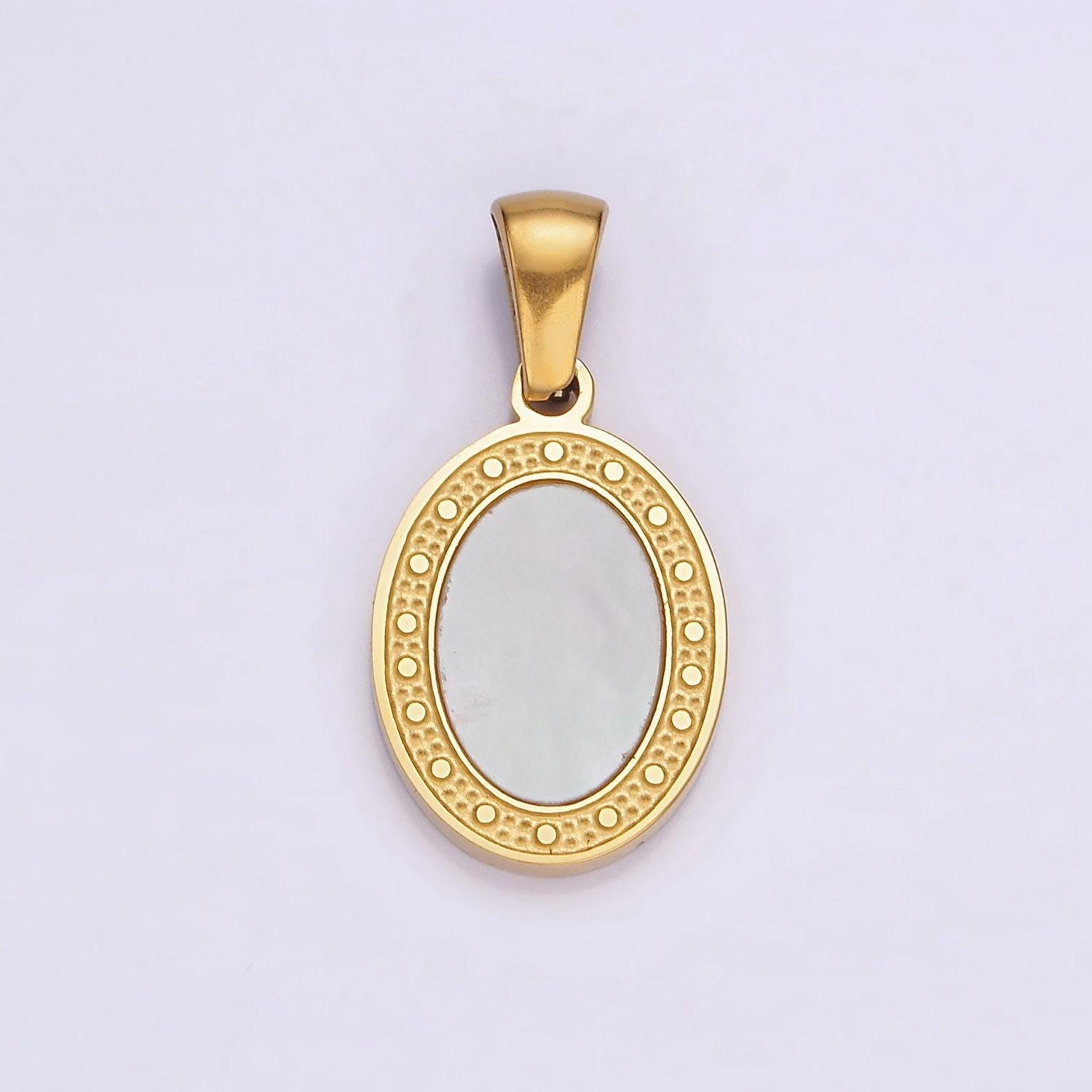 Stainless steel shell pearl dotted frame oval pendant | p852