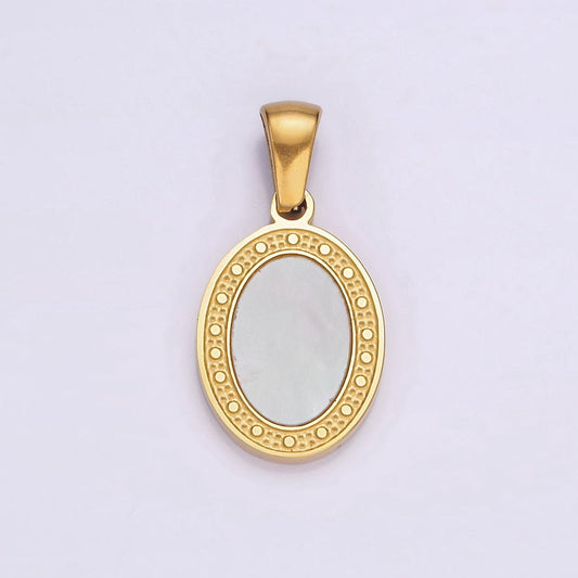 Stainless steel shell pearl dotted frame oval pendant | p852