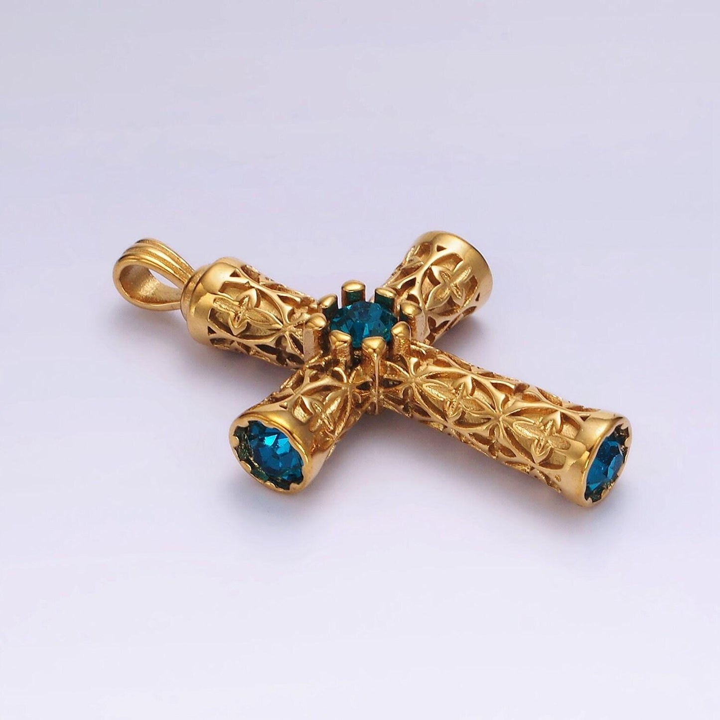 Stainless steel 50.5mm four blue cz artisan passion celtic engraved religious cross pendant in gold & silver | p853