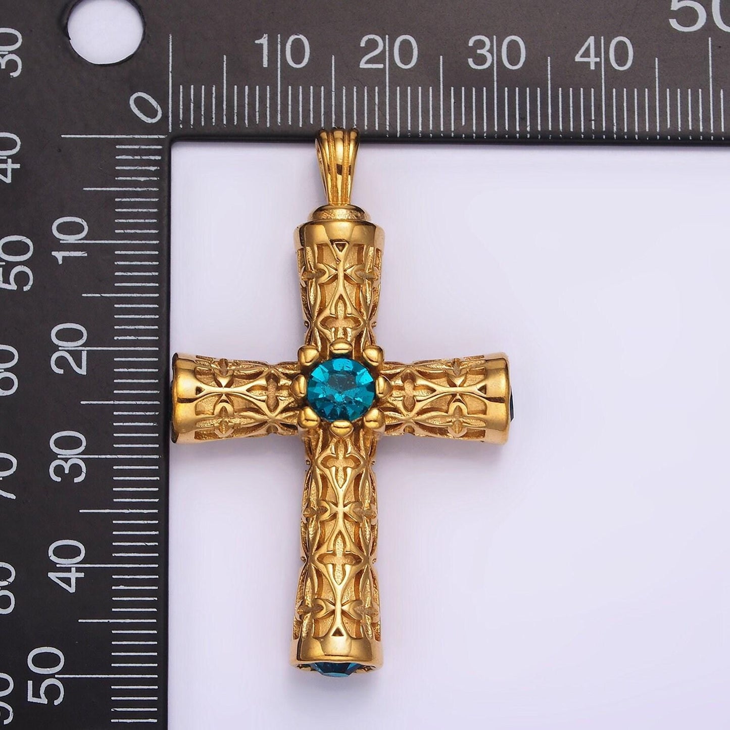 Stainless steel 50.5mm four blue cz artisan passion celtic engraved religious cross pendant in gold & silver | p853