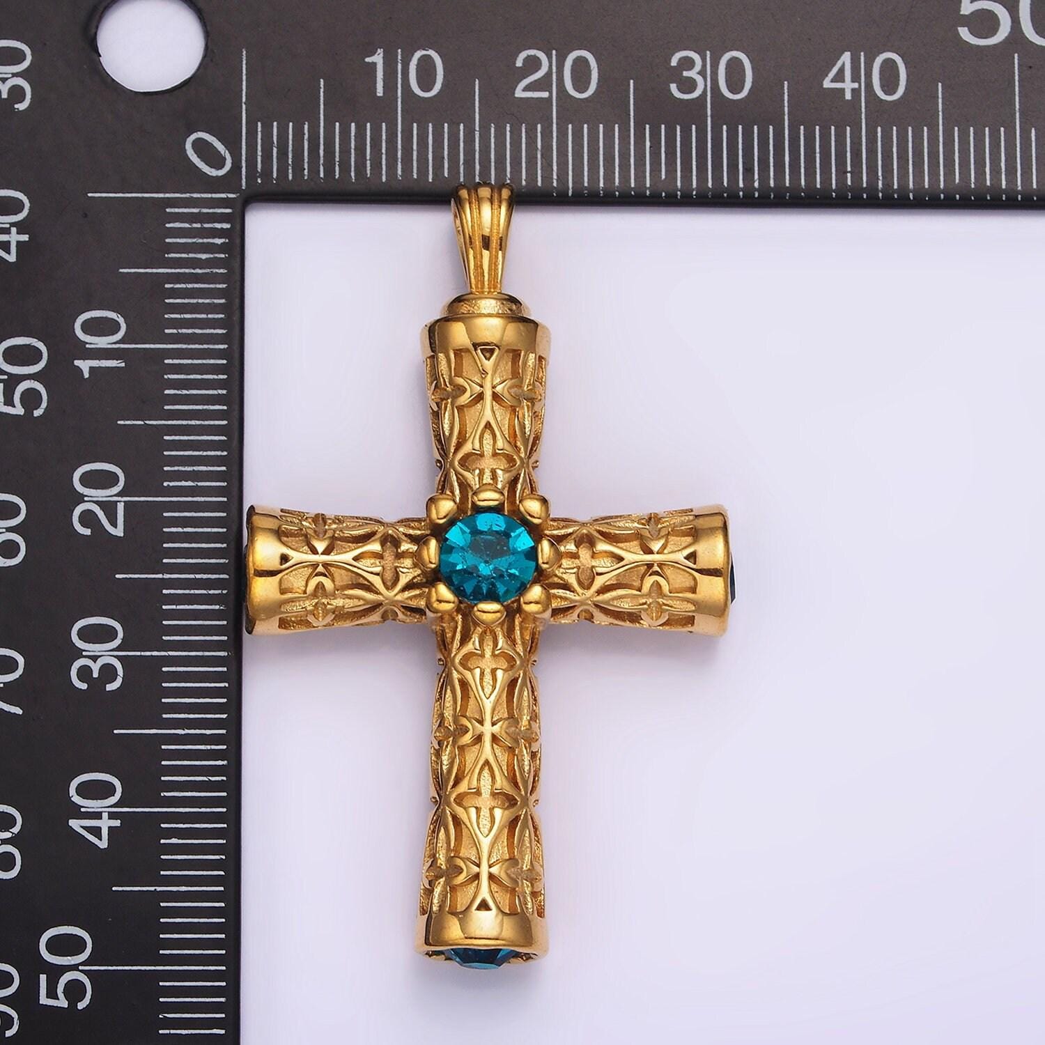 Stainless steel 50.5mm four blue cz artisan passion celtic engraved religious cross pendant in gold & silver | p853