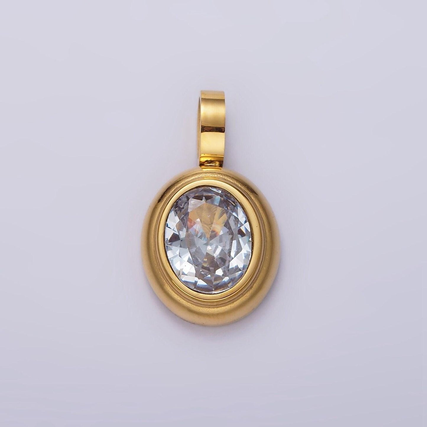 Dainty gold oval charm cubic pendant with cz stone in stainless steel findings medallion jewelry inspired dangle charm p839