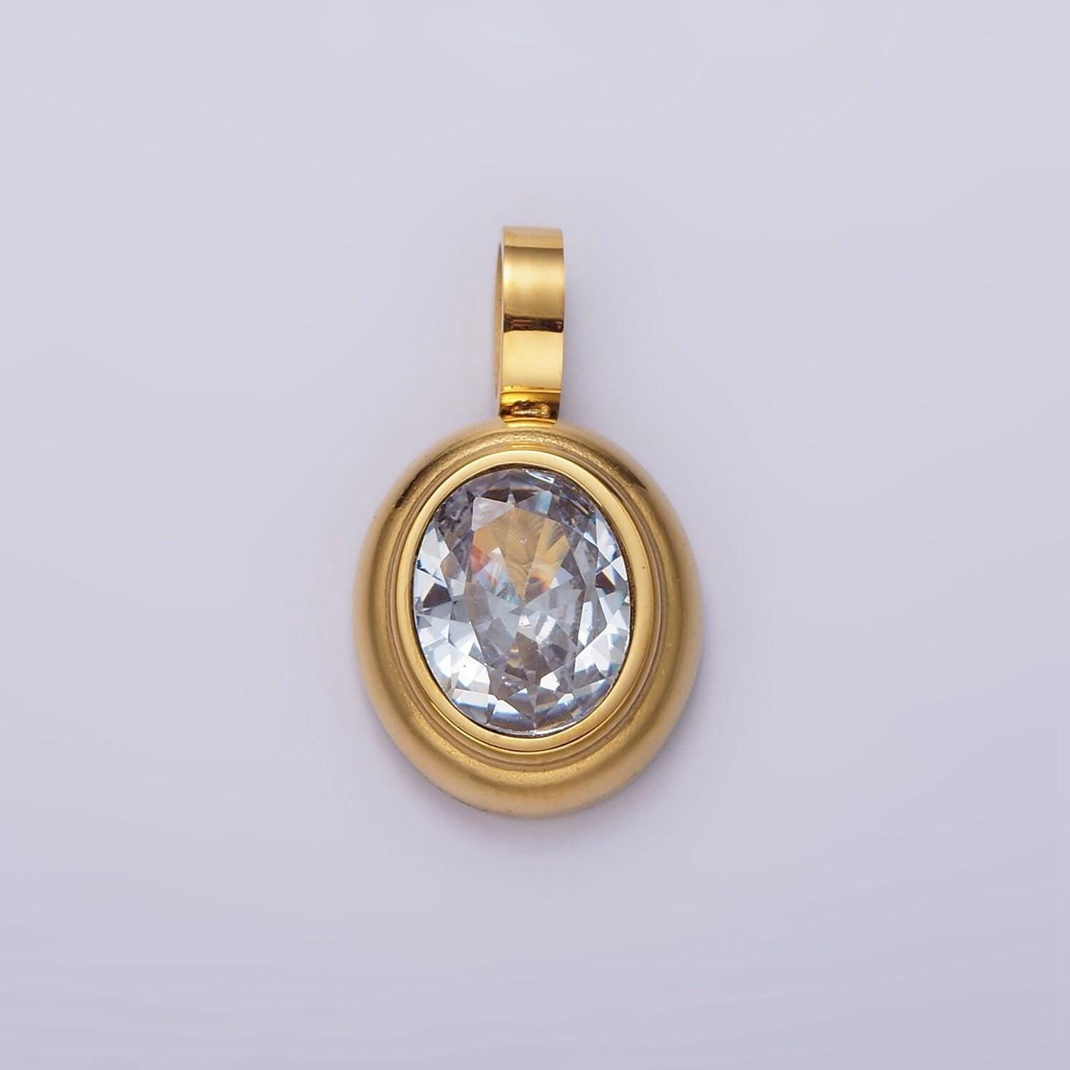 Dainty gold oval charm cubic pendant with cz stone in stainless steel findings medallion jewelry inspired dangle charm p839