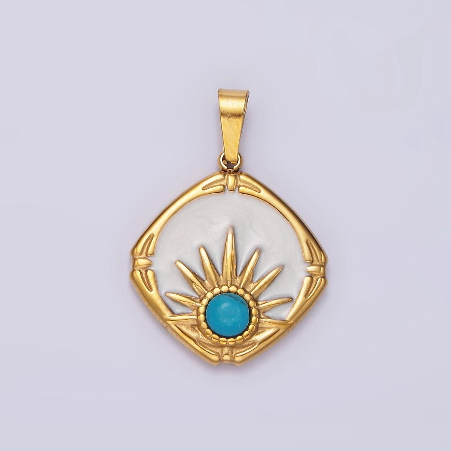 Stainless steel turquoise celestial sun white enamel round rhombus pendant | p830