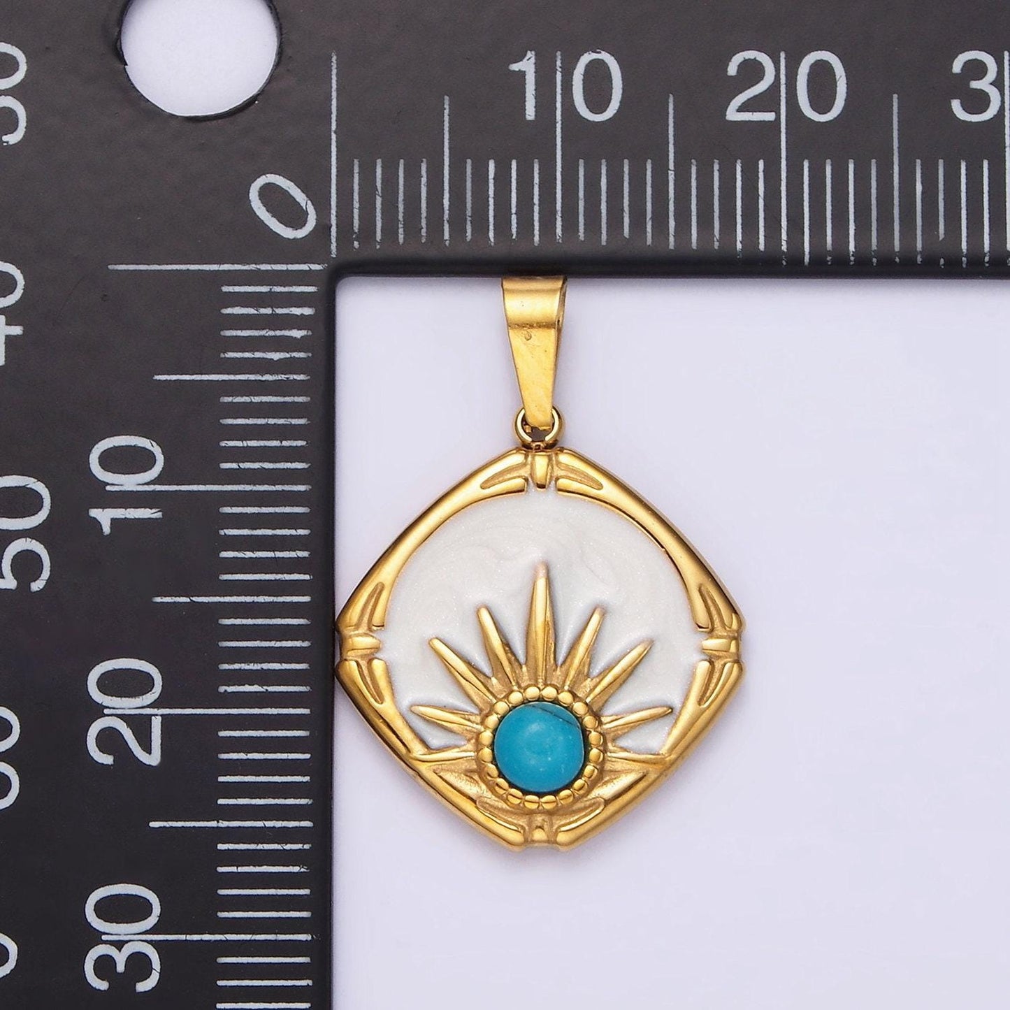 Stainless steel turquoise celestial sun white enamel round rhombus pendant | p830
